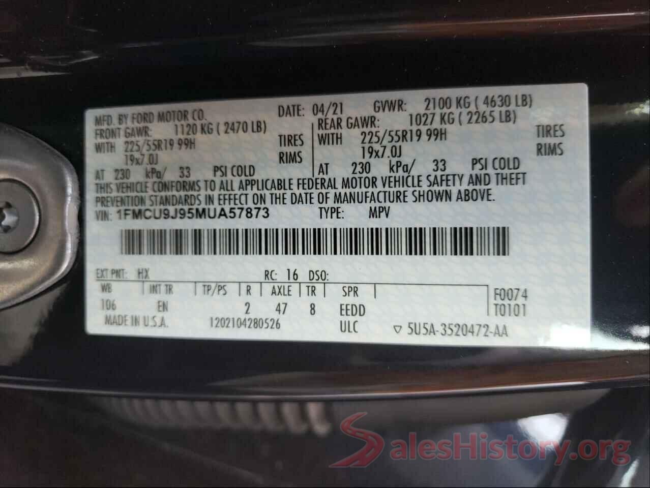 1FMCU9J95MUA57873 2021 FORD ESCAPE