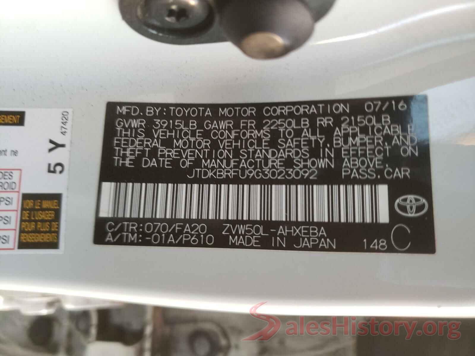 JTDKBRFU9G3023092 2016 TOYOTA PRIUS