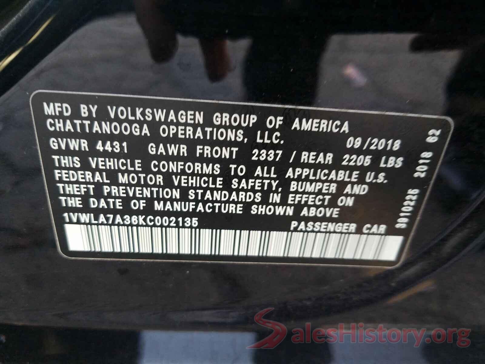 1VWLA7A36KC002135 2019 VOLKSWAGEN PASSAT