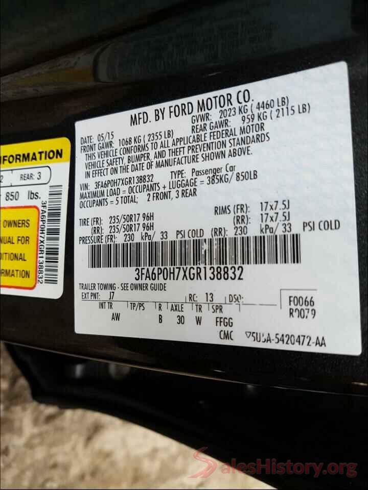 3FA6P0H7XGR138832 2016 FORD FUSION