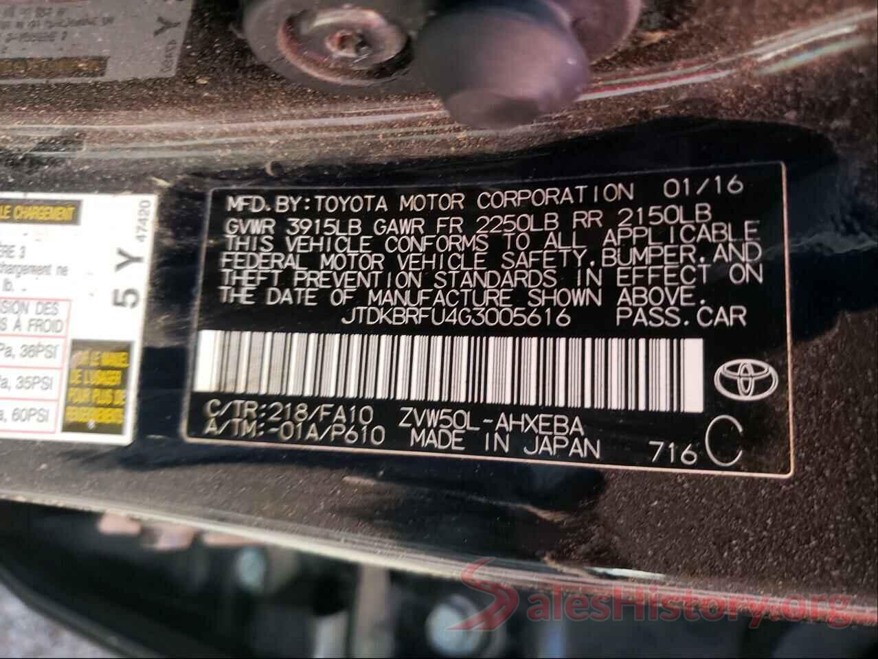 JTDKBRFU4G3005616 2016 TOYOTA PRIUS