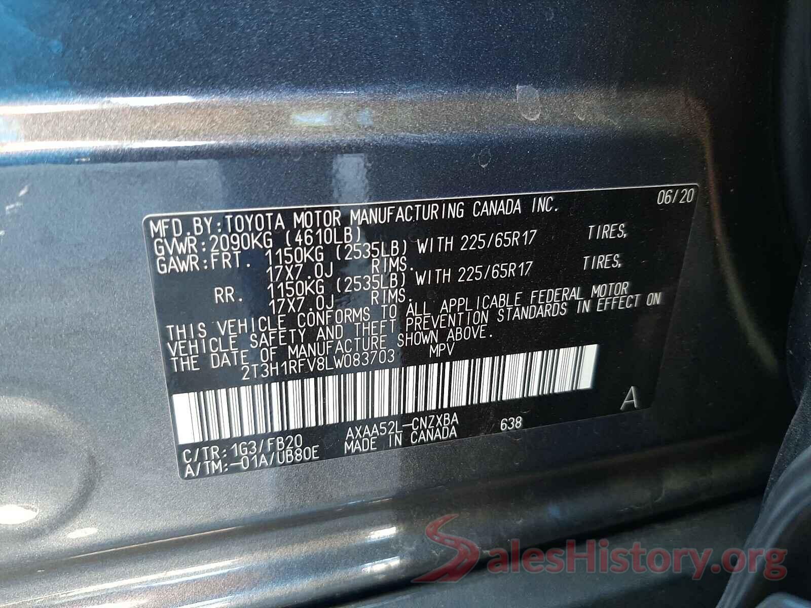 2T3H1RFV8LW083703 2020 TOYOTA RAV4