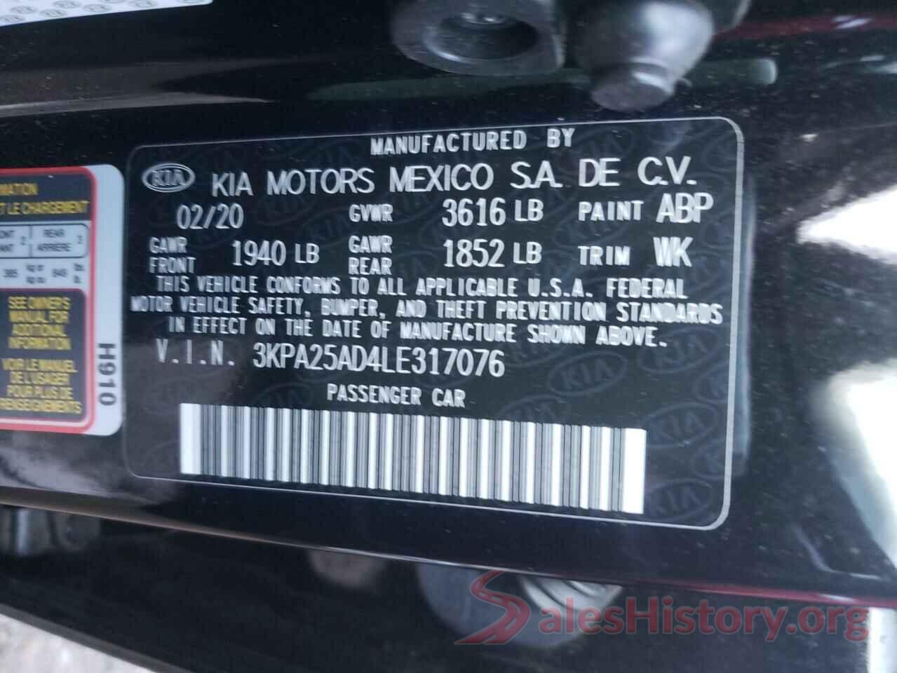 3KPA25AD4LE317076 2020 KIA RIO