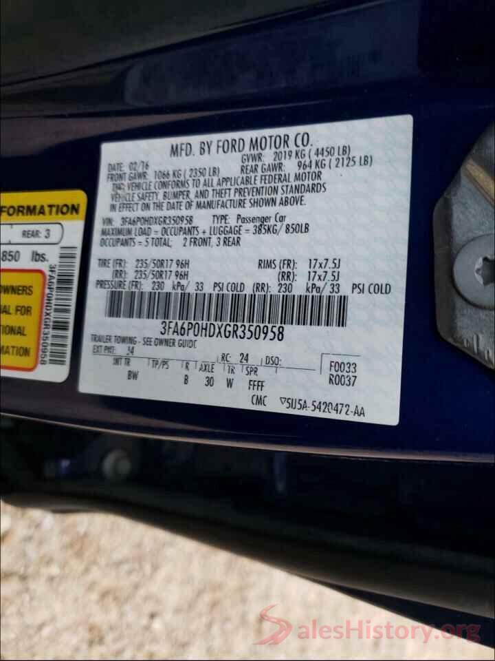 3FA6P0HDXGR350958 2016 FORD FUSION