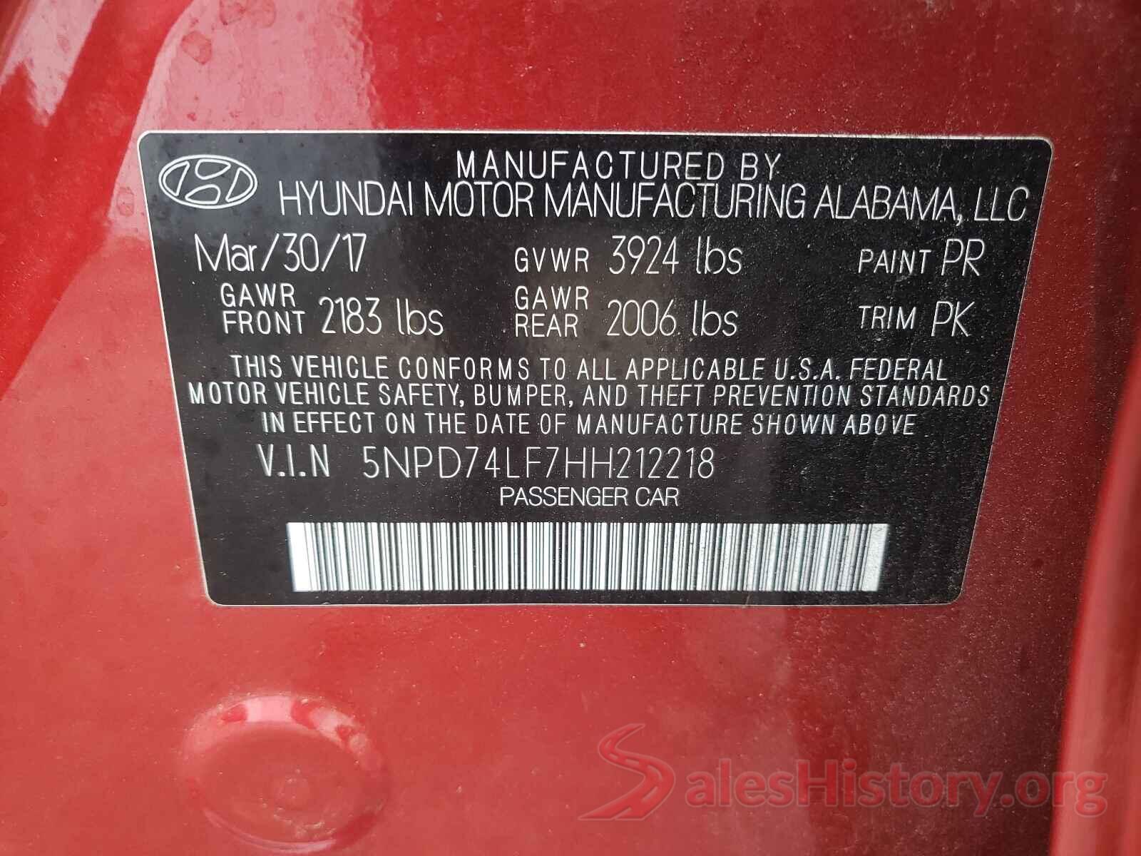 5NPD74LF7HH212218 2017 HYUNDAI ELANTRA