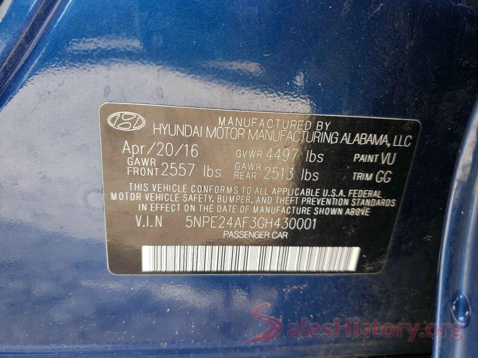 5NPE24AF3GH430001 2016 HYUNDAI SONATA