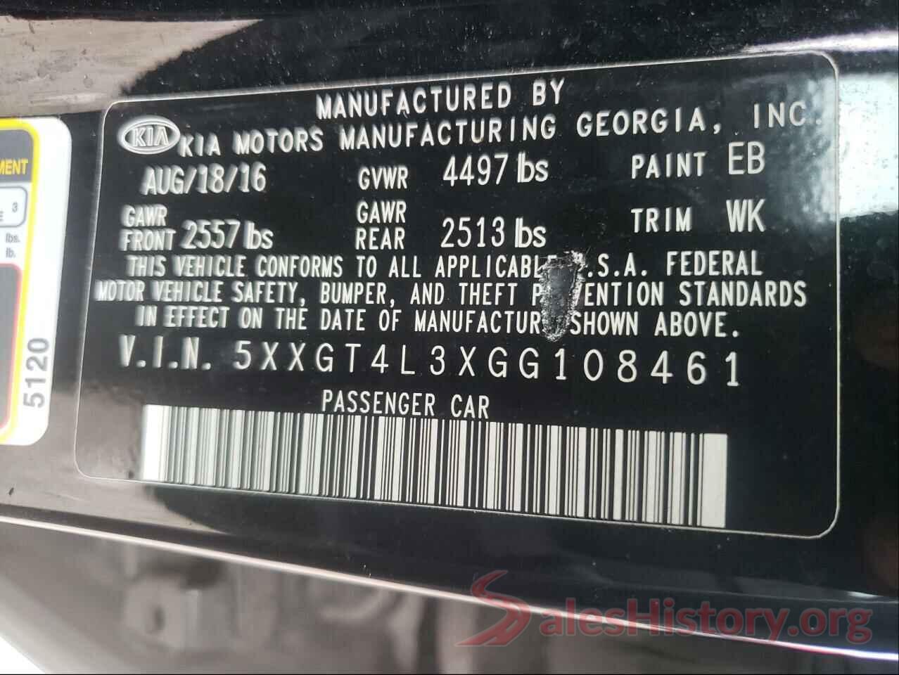 5XXGT4L3XGG108461 2016 KIA OPTIMA