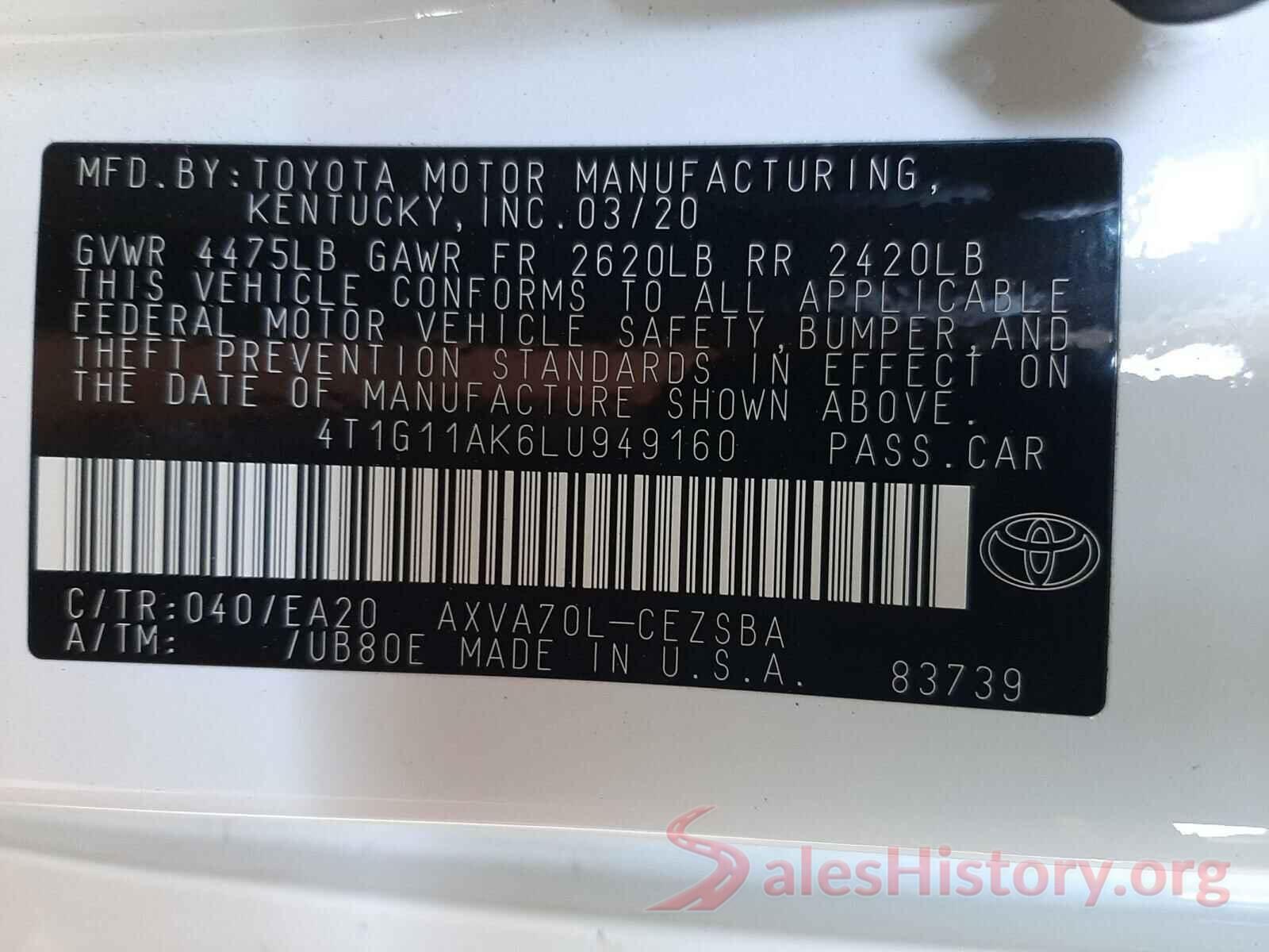 4T1G11AK6LU949160 2020 TOYOTA CAMRY