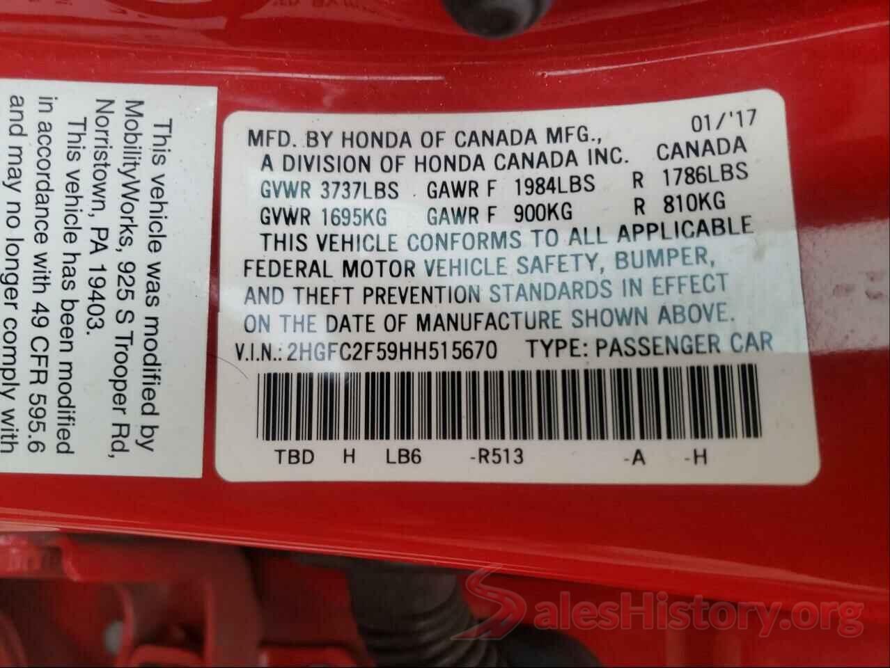 2HGFC2F59HH515670 2017 HONDA CIVIC