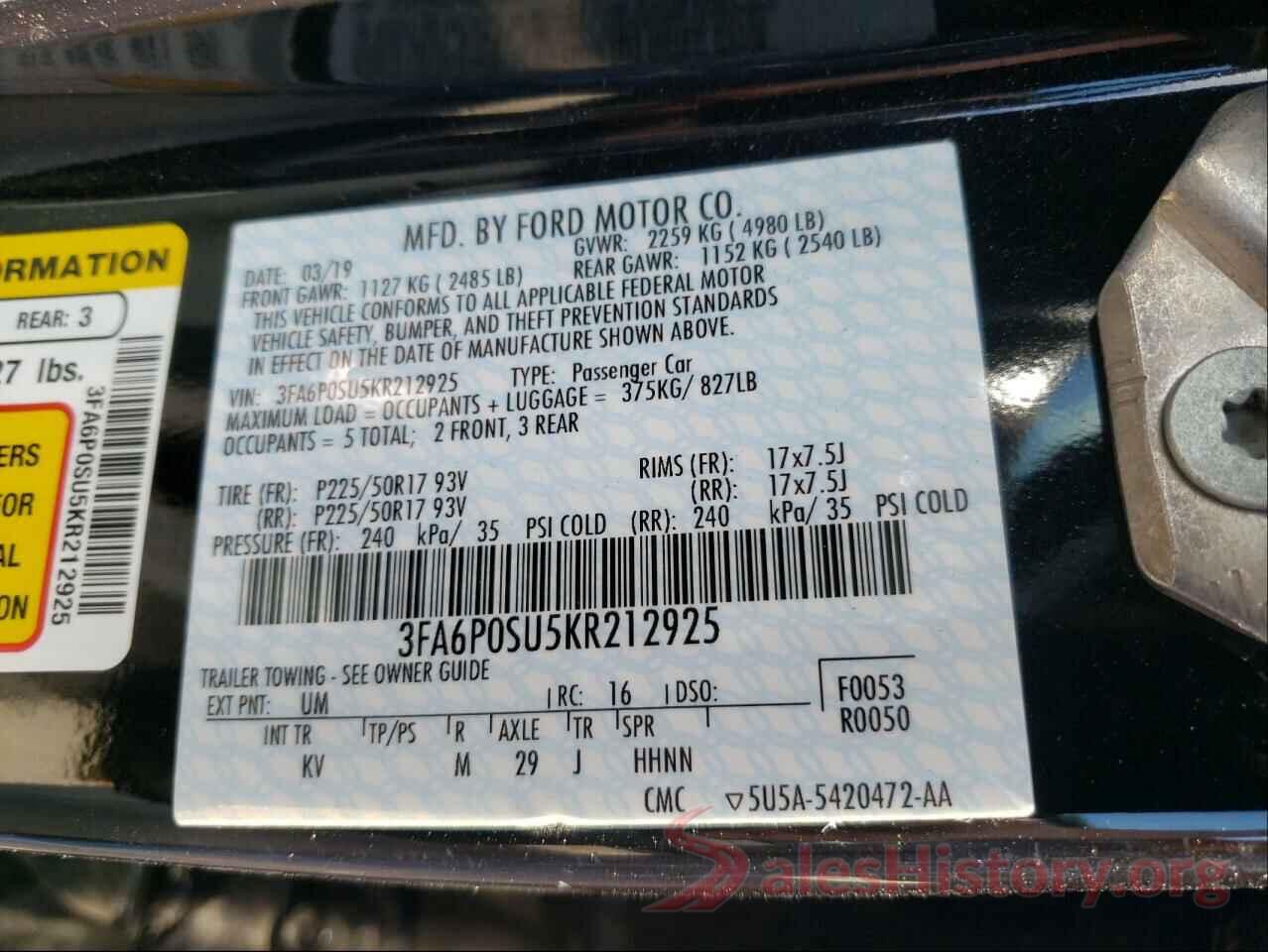 3FA6P0SU5KR212925 2019 FORD FUSION