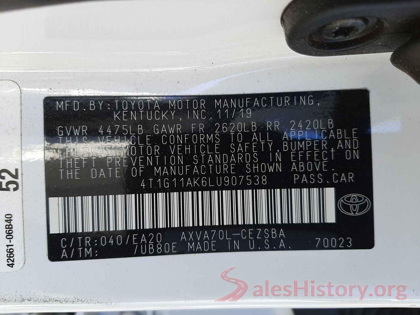 4T1G11AK6LU907538 2020 TOYOTA CAMRY