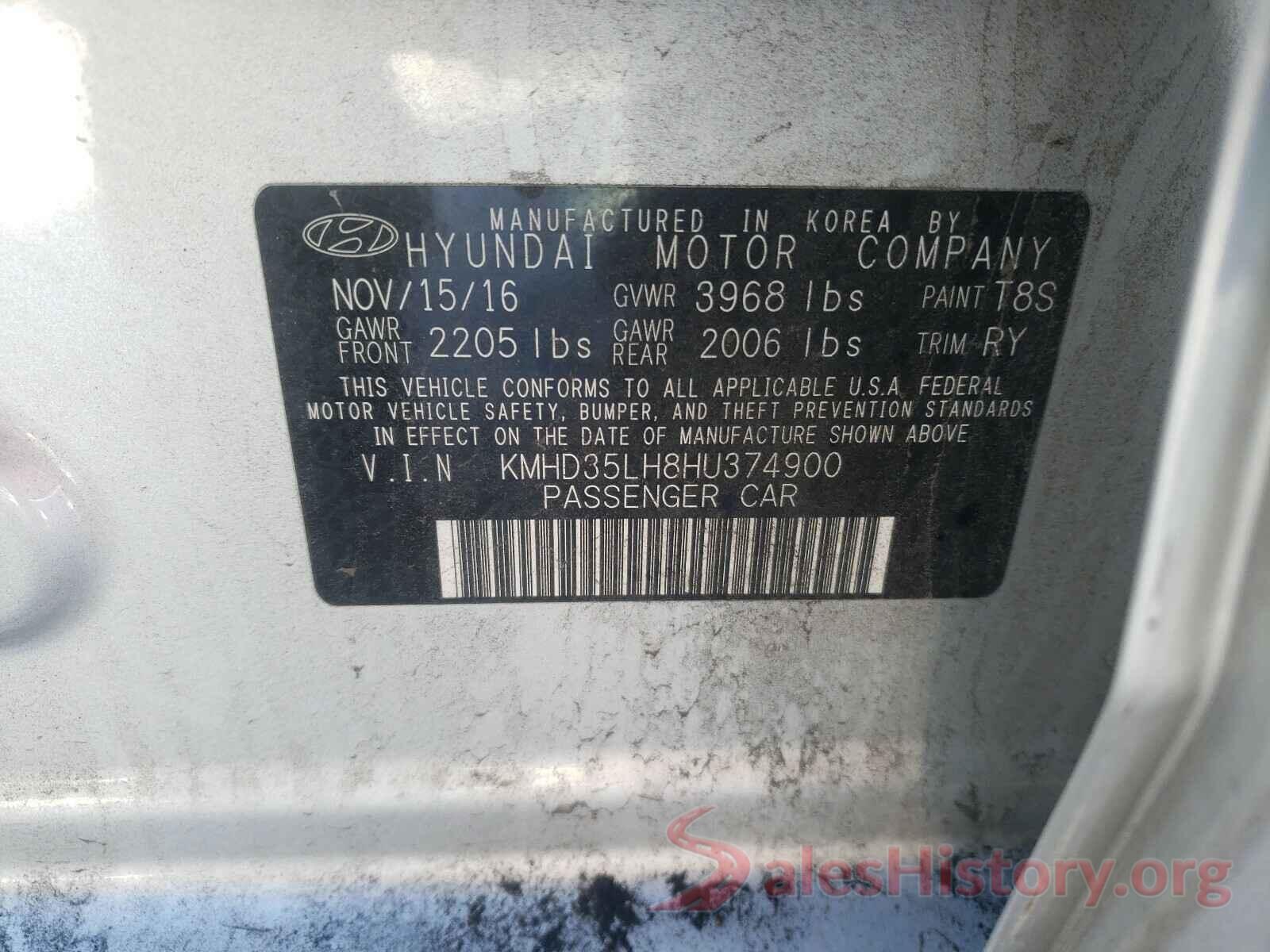 KMHD35LH8HU374900 2017 HYUNDAI ELANTRA