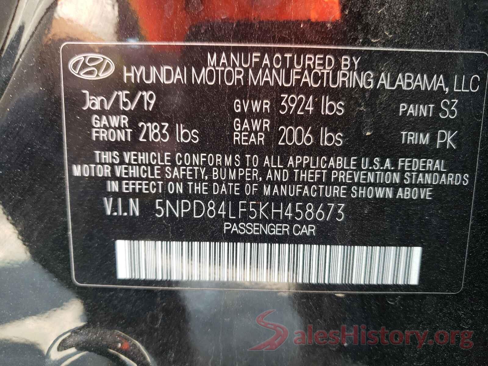 5NPD84LF5KH458673 2019 HYUNDAI ELANTRA