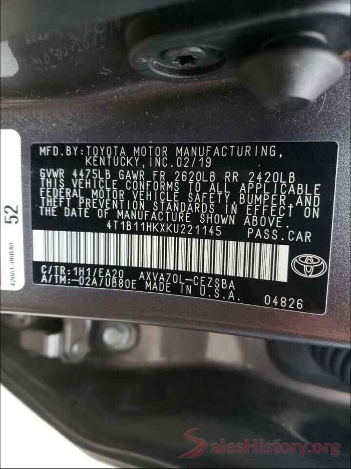 4T1B11HKXKU221145 2019 TOYOTA CAMRY