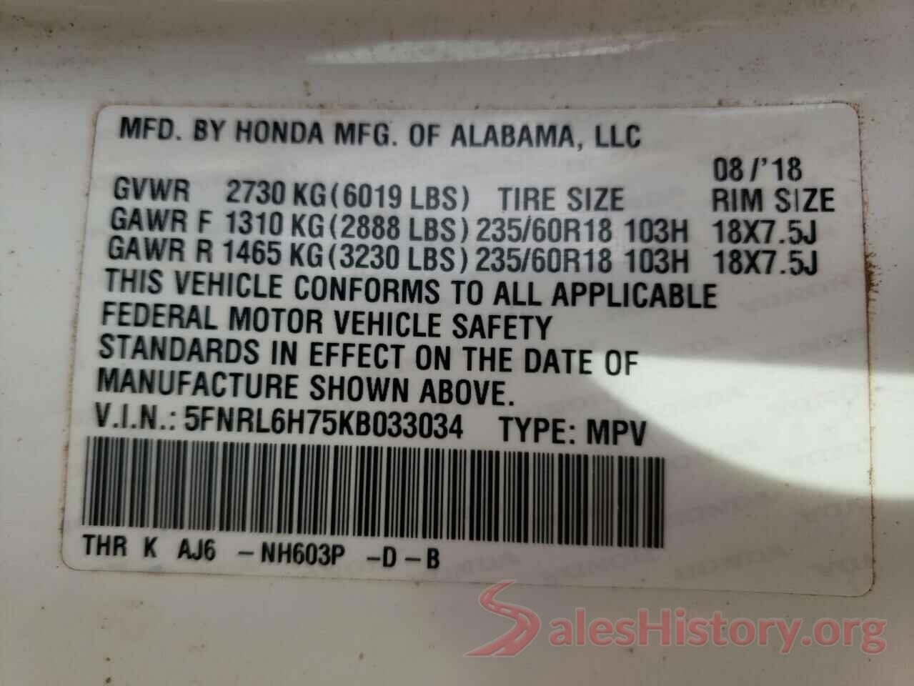 5FNRL6H75KB033034 2019 HONDA ODYSSEY