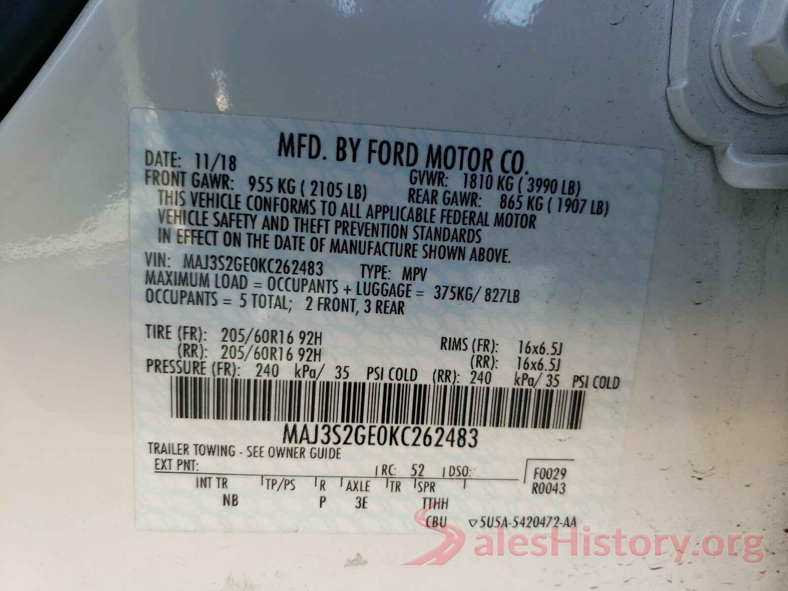 MAJ3S2GE0KC262483 2019 FORD ALL OTHER