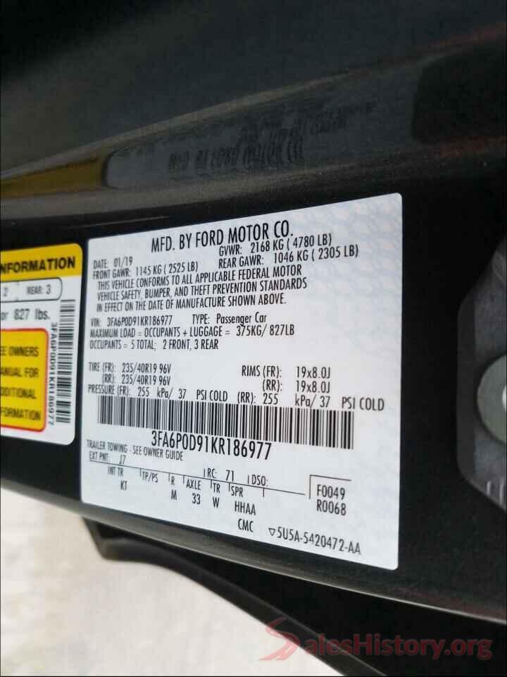 3FA6P0D91KR186977 2019 FORD FUSION