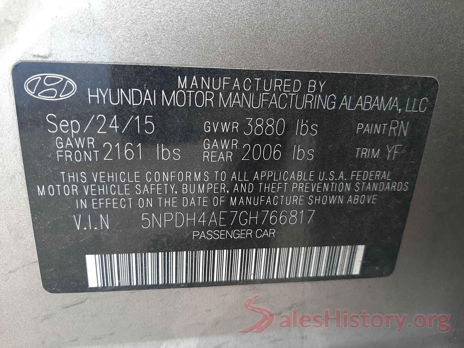 5NPDH4AE7GH766817 2016 HYUNDAI ELANTRA