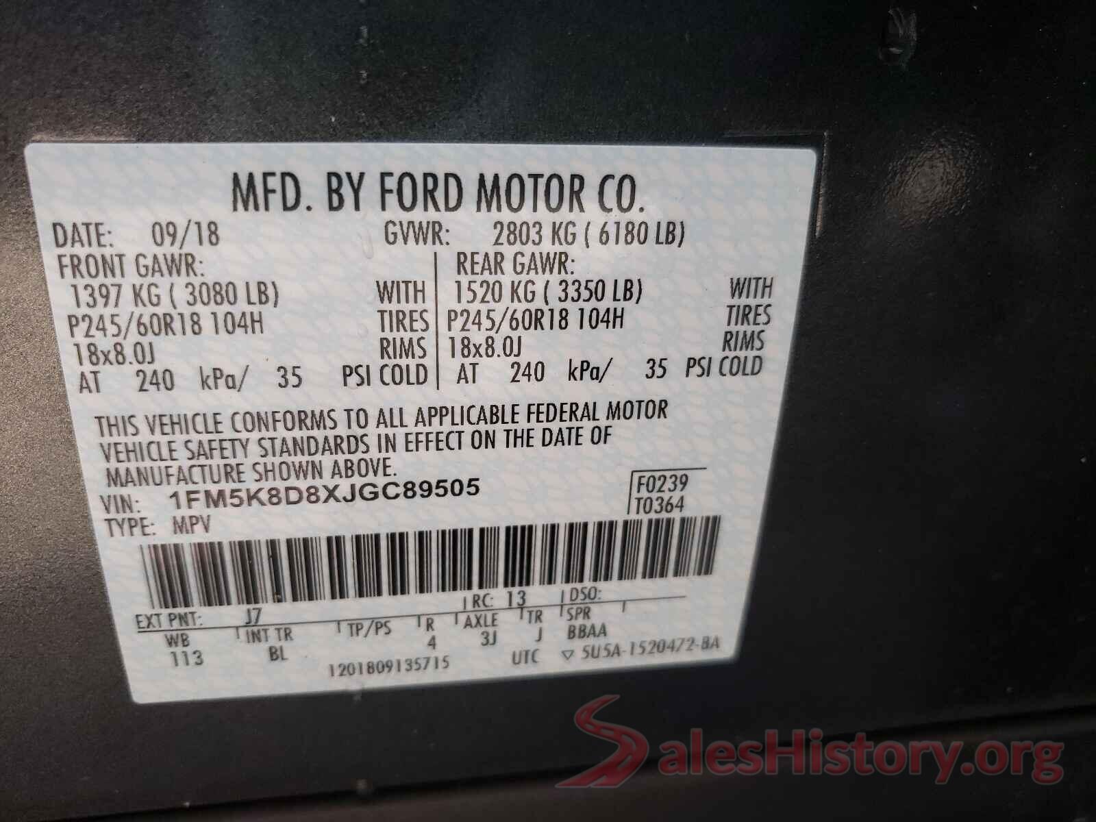 1FM5K8D8XJGC89505 2018 FORD EXPLORER