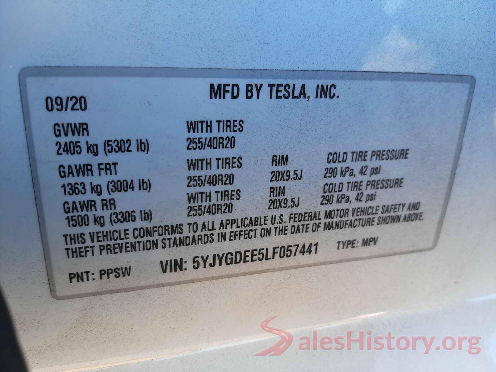 5YJYGDEE5LF057441 2020 TESLA MODEL Y