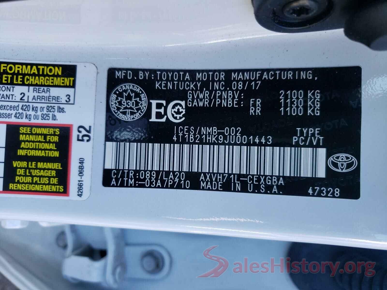 4T1B21HK9JU001443 2018 TOYOTA CAMRY