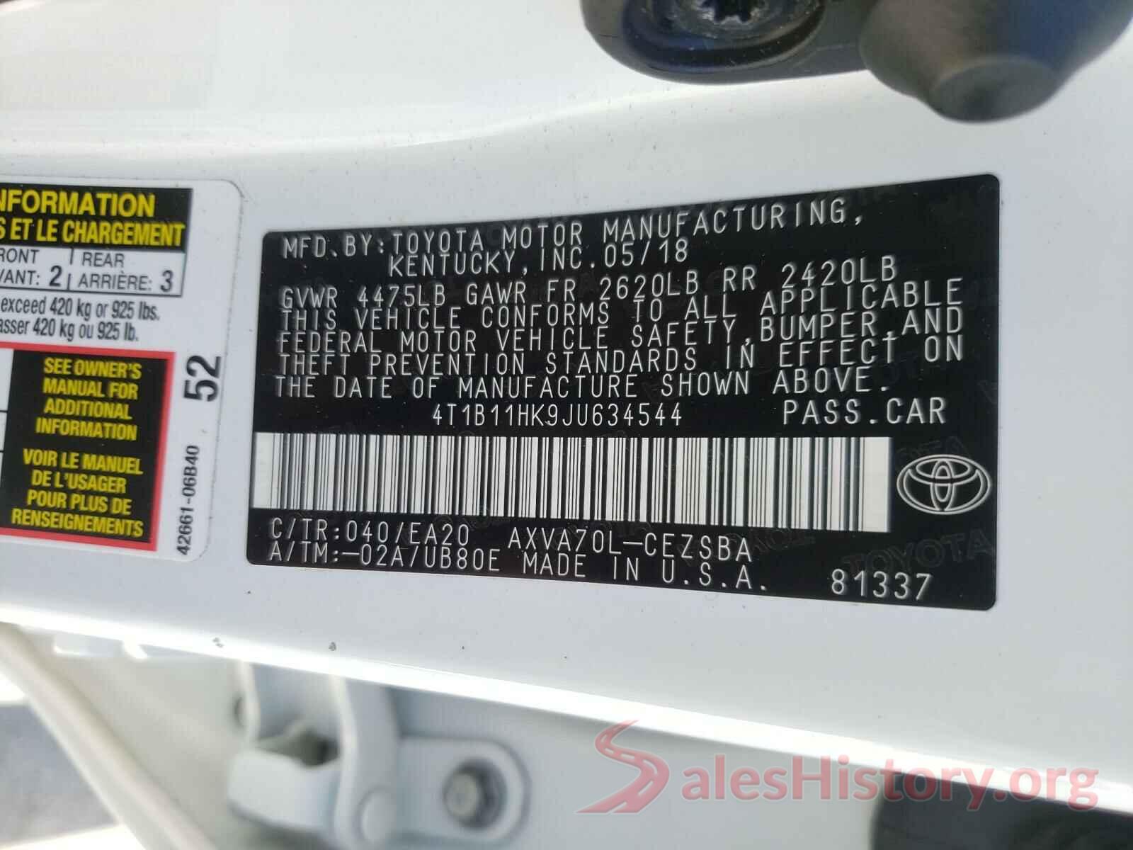 4T1B11HK9JU634544 2018 TOYOTA CAMRY