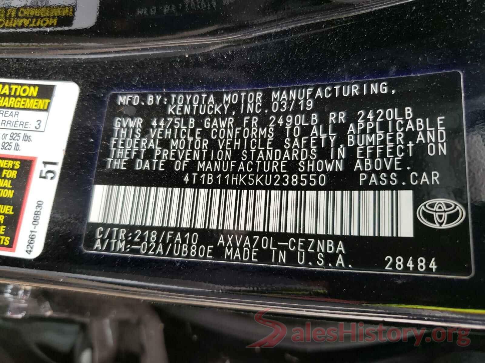 4T1B11HK5KU238550 2019 TOYOTA CAMRY