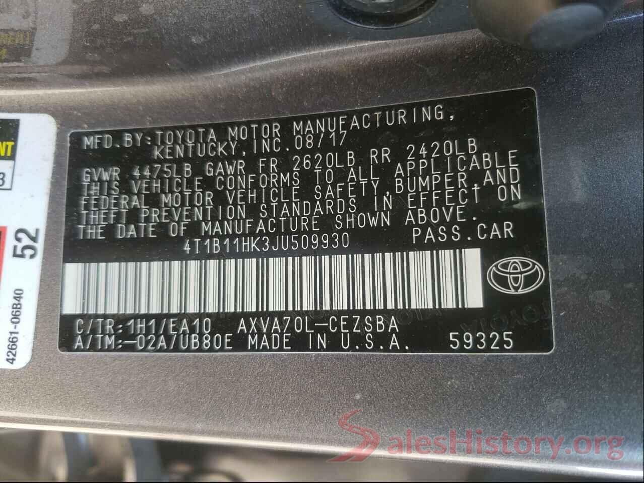 4T1B11HK3JU509930 2018 TOYOTA CAMRY