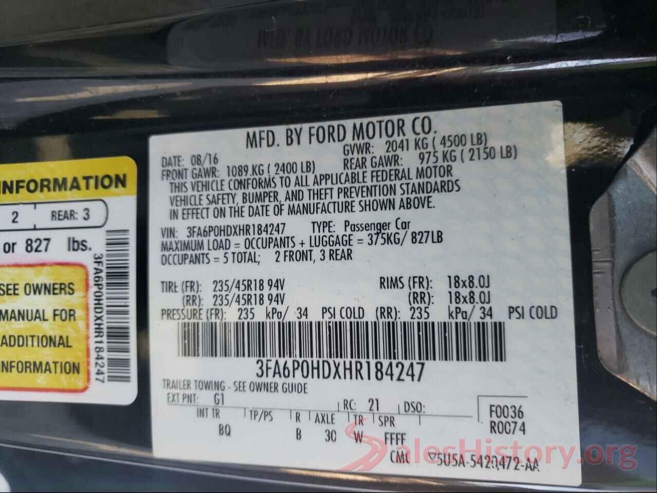 3FA6P0HDXHR184247 2017 FORD FUSION