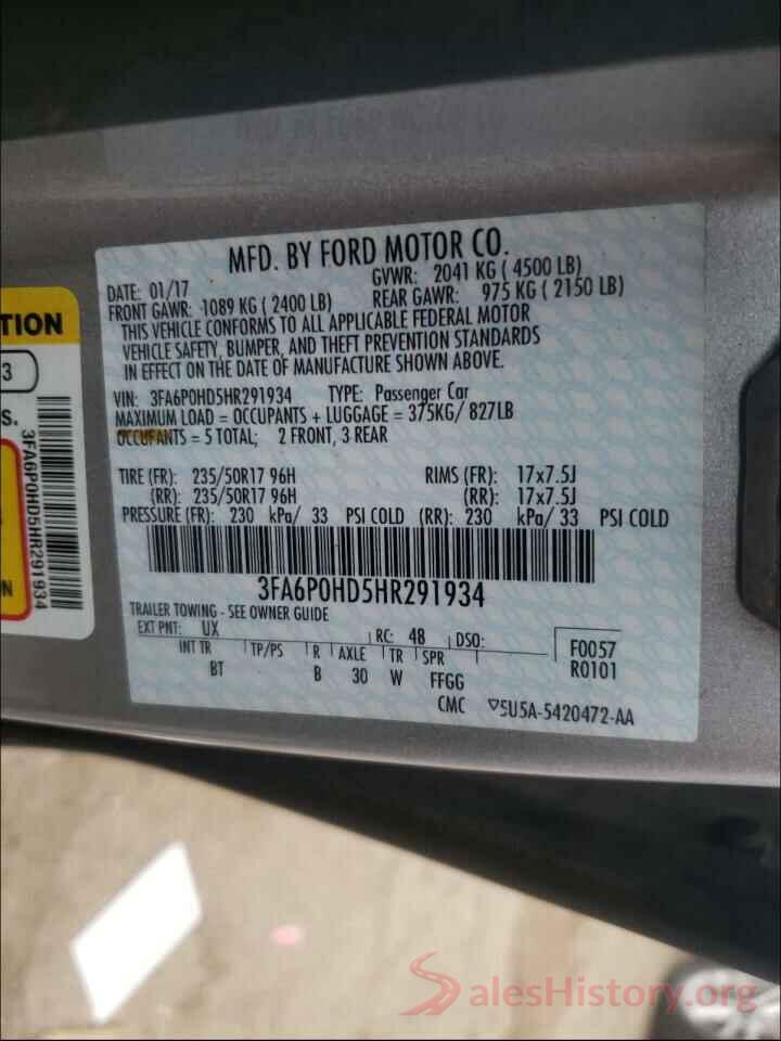 3FA6P0HD5HR291934 2017 FORD FUSION