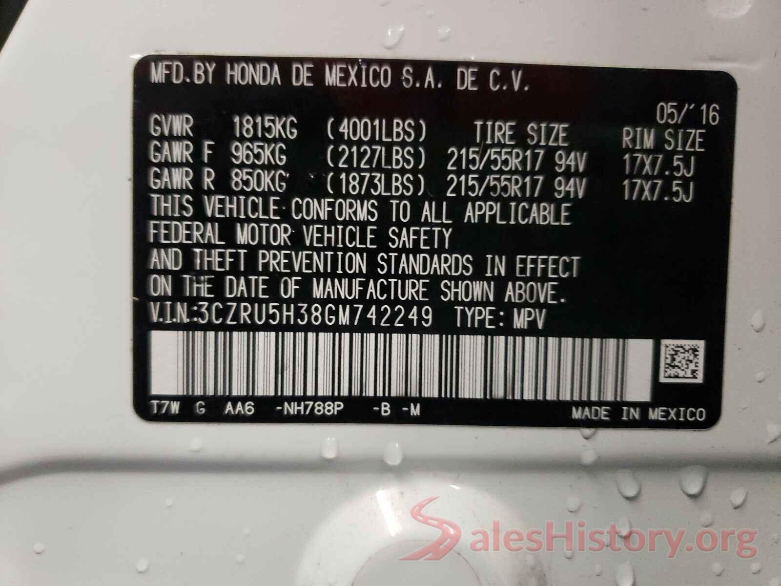 3CZRU5H38GM742249 2016 HONDA HR-V