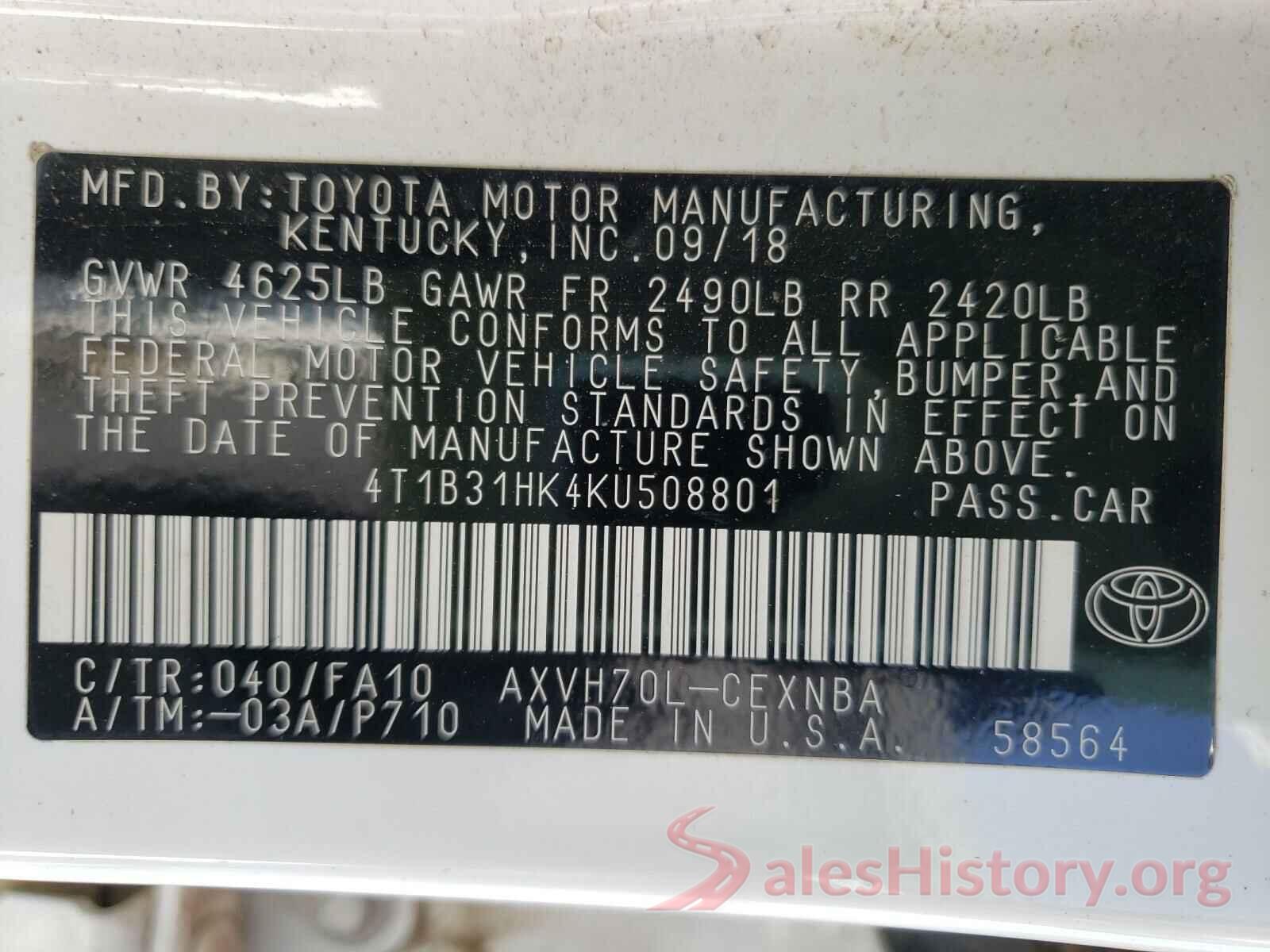 4T1B31HK4KU508801 2019 TOYOTA CAMRY