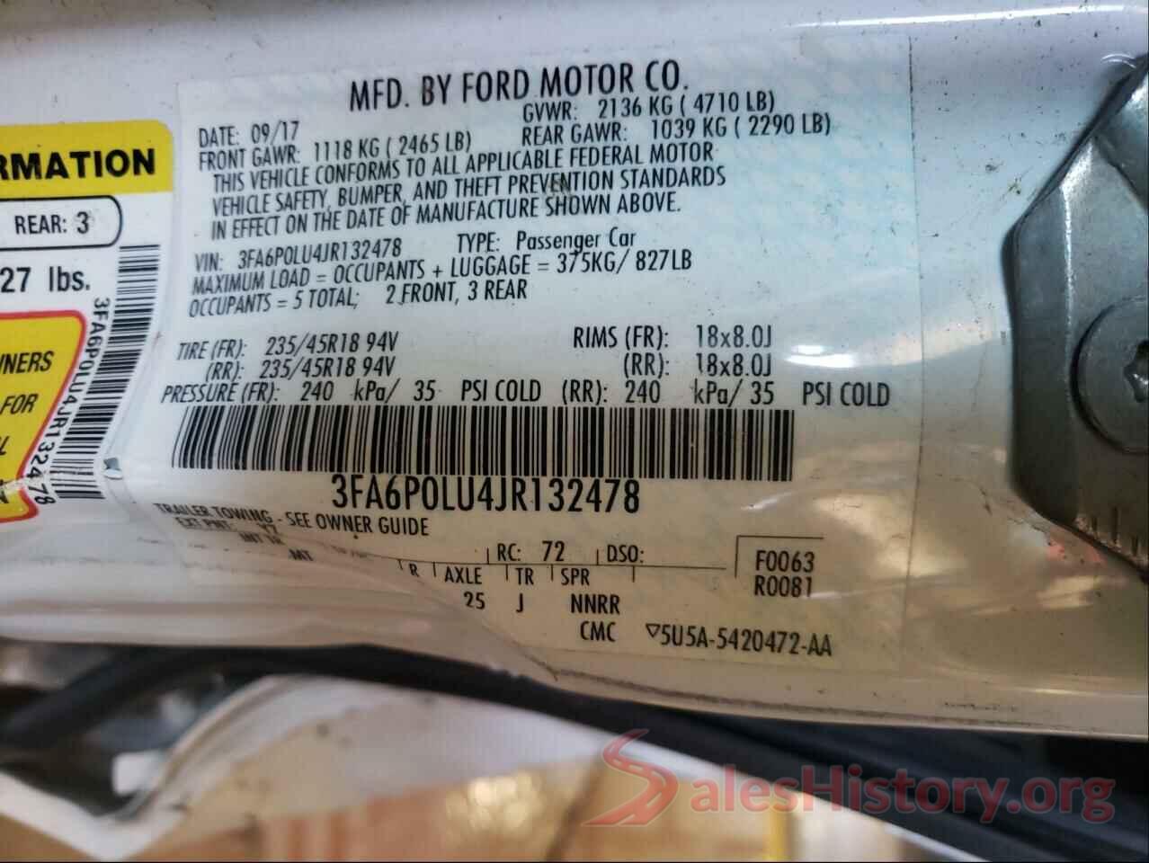 3FA6P0LU4JR132478 2018 FORD FUSION