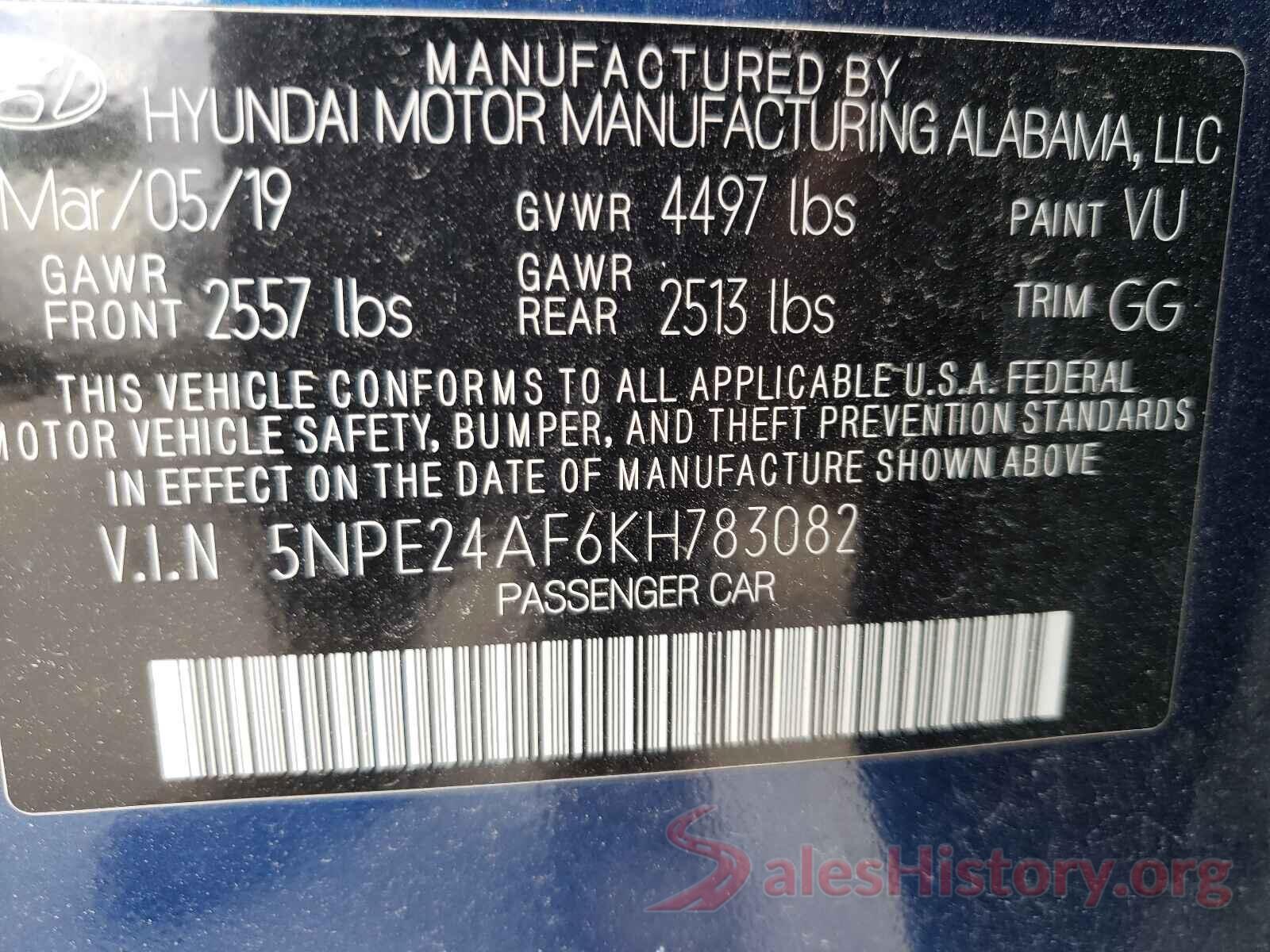 5NPE24AF6KH783082 2019 HYUNDAI SONATA