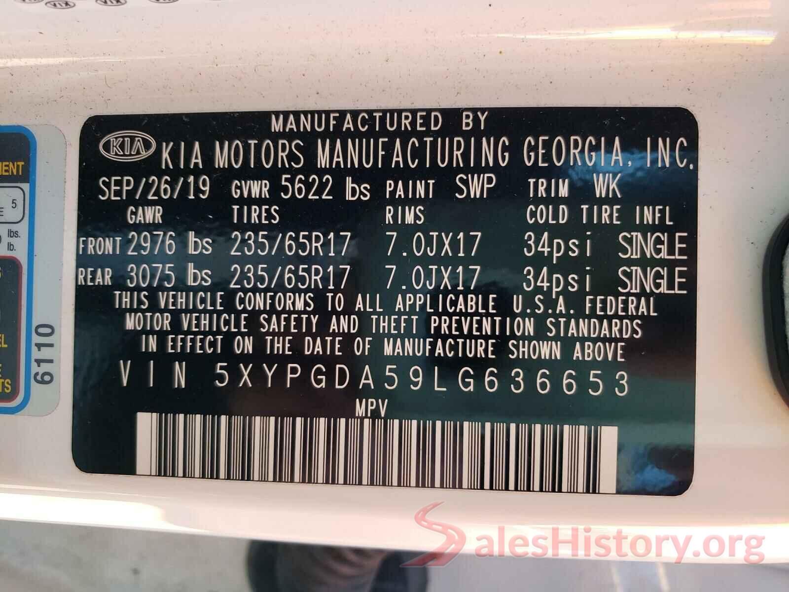 5XYPGDA59LG636653 2020 KIA SORENTO