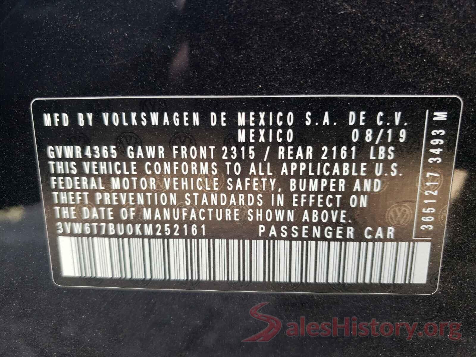 3VW6T7BU0KM252161 2019 VOLKSWAGEN JETTA