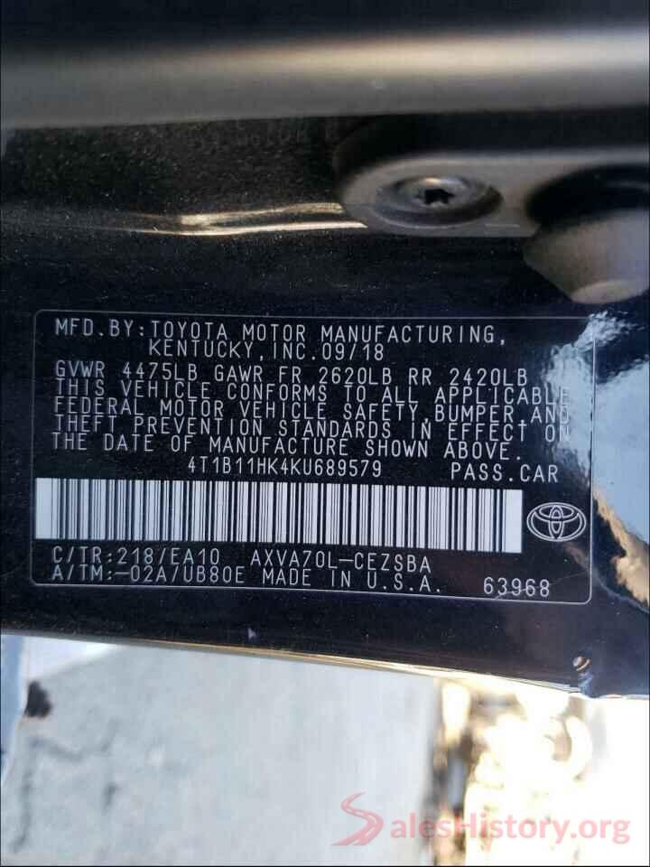 4T1B11HK4KU689579 2019 TOYOTA CAMRY