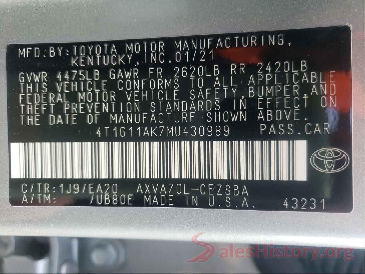 4T1G11AK7MU430989 2021 TOYOTA CAMRY