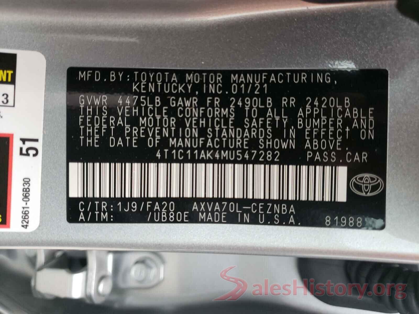 4T1C11AK4MU547282 2021 TOYOTA CAMRY