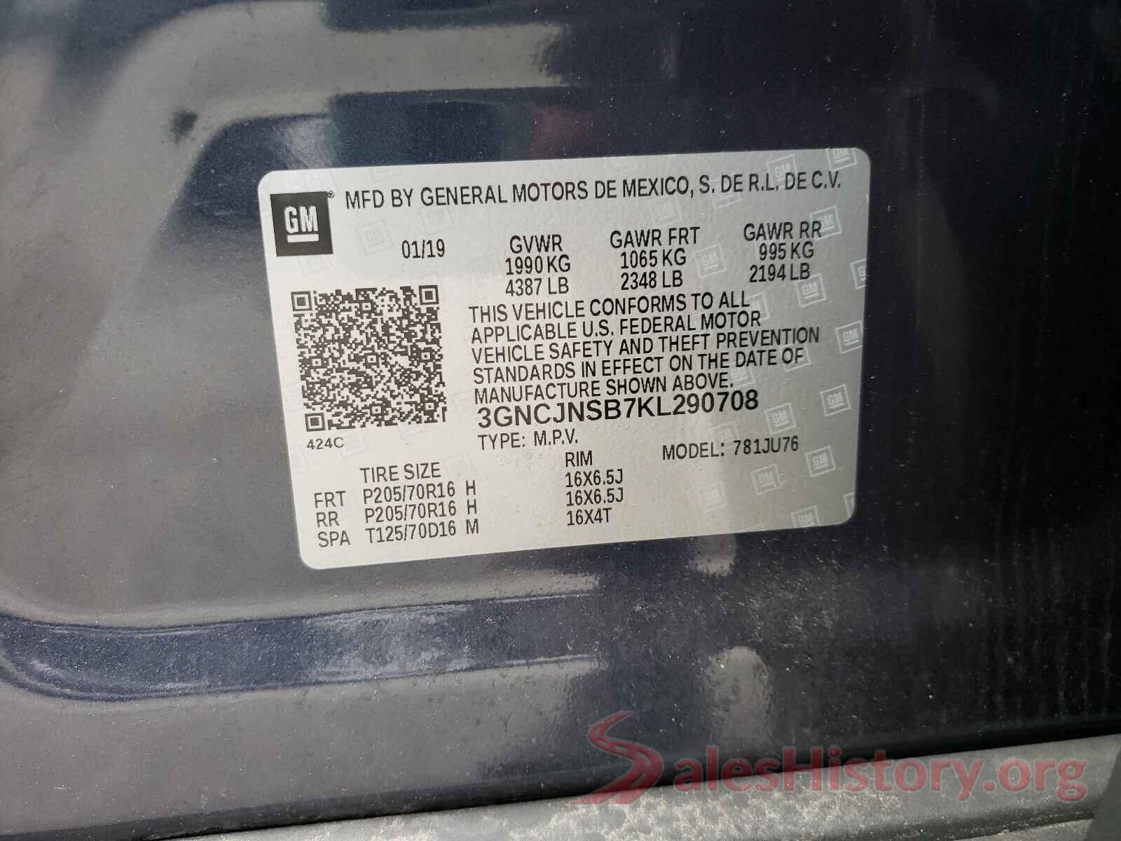 3GNCJNSB7KL290708 2019 CHEVROLET TRAX