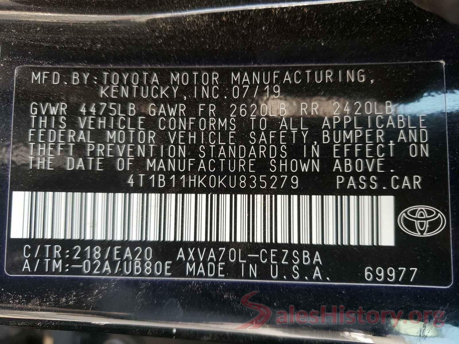 4T1B11HK0KU835279 2019 TOYOTA CAMRY