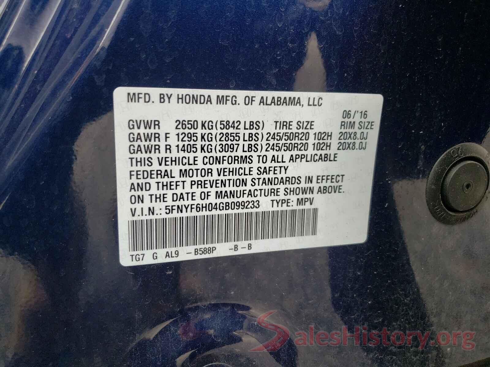 5FNYF6H04GB099233 2016 HONDA PILOT