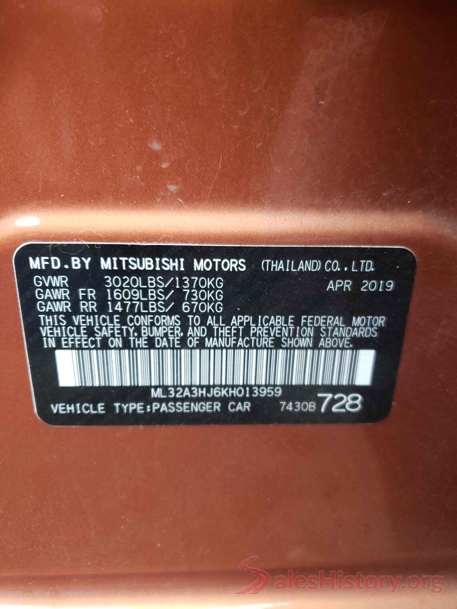 ML32A3HJ6KH013959 2019 MITSUBISHI MIRAGE