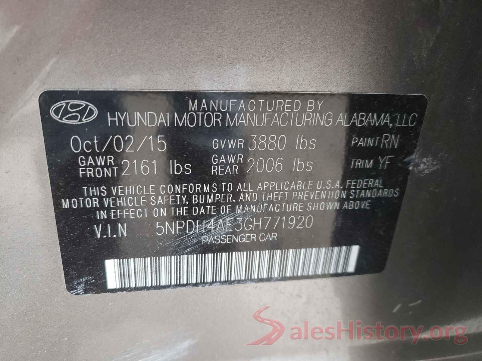 5NPDH4AE3GH771920 2016 HYUNDAI ELANTRA