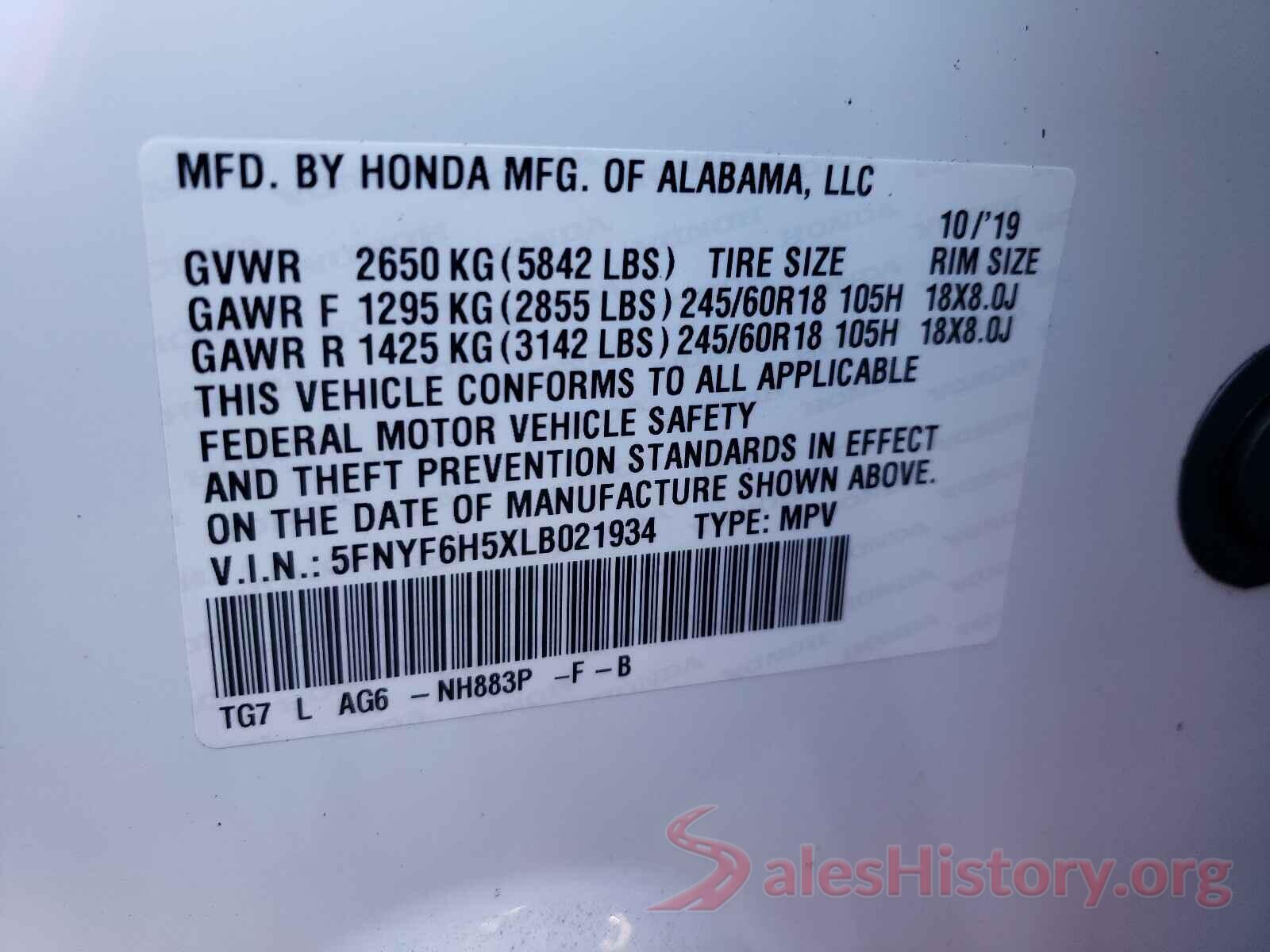 5FNYF6H5XLB021934 2020 HONDA PILOT