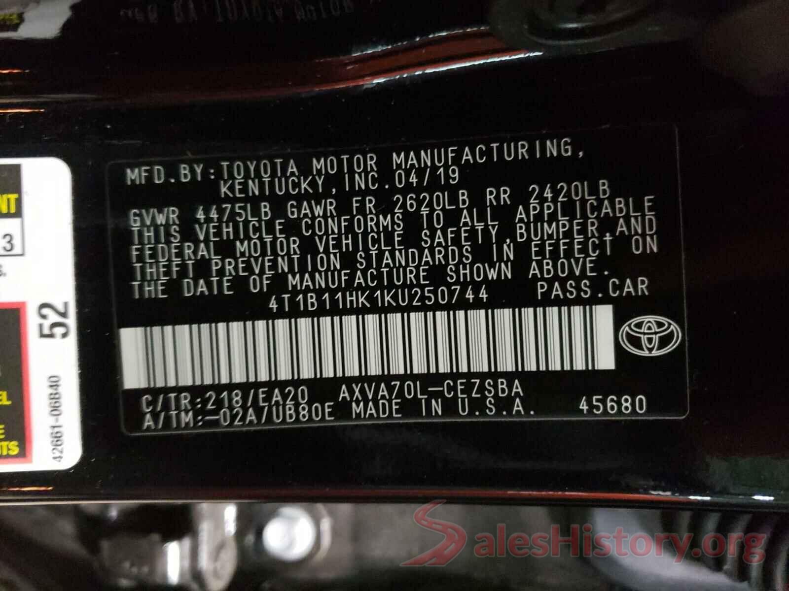 4T1B11HK1KU250744 2019 TOYOTA CAMRY