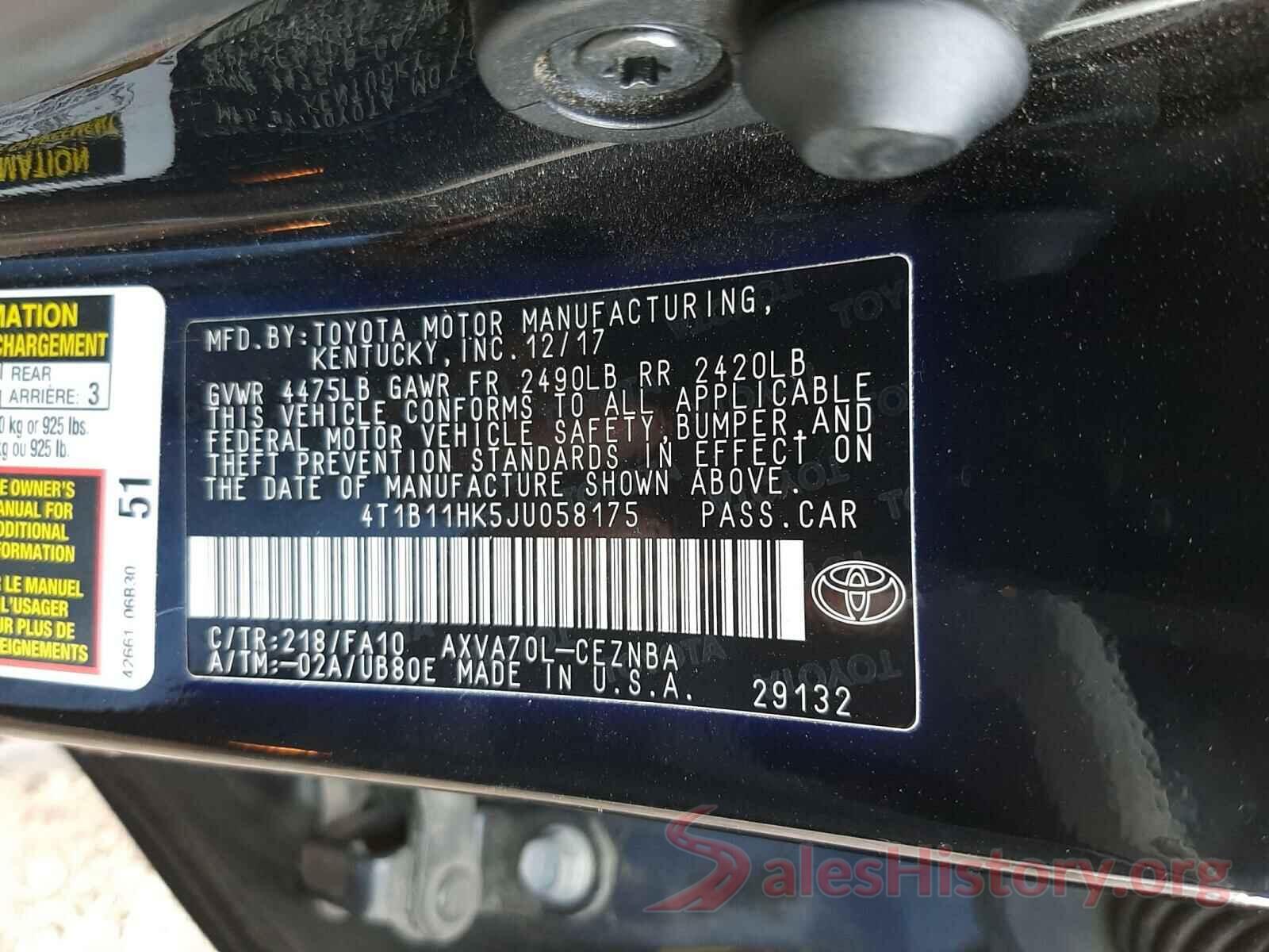 4T1B11HK5JU058175 2018 TOYOTA CAMRY