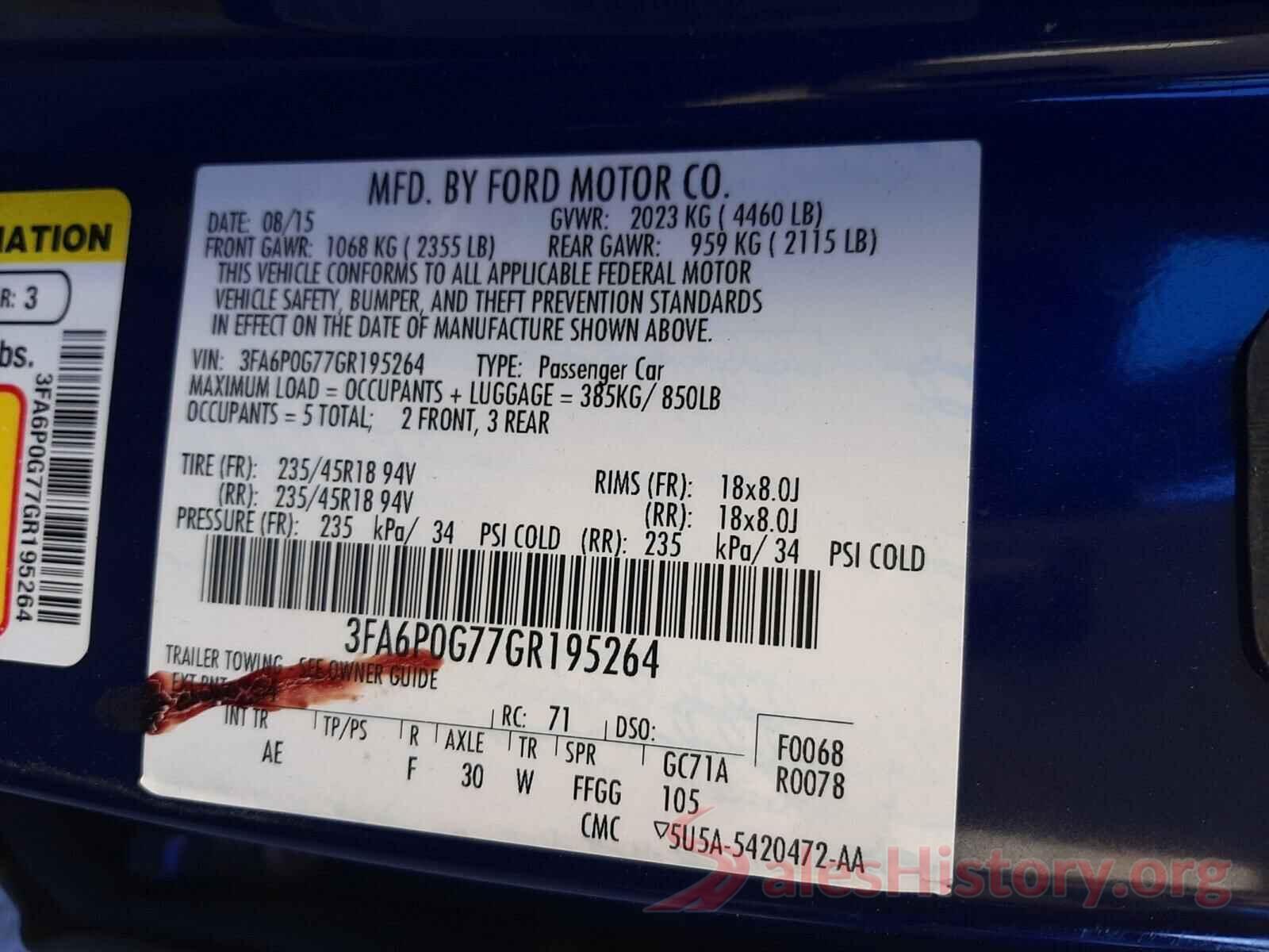 3FA6P0G77GR195264 2016 FORD FUSION