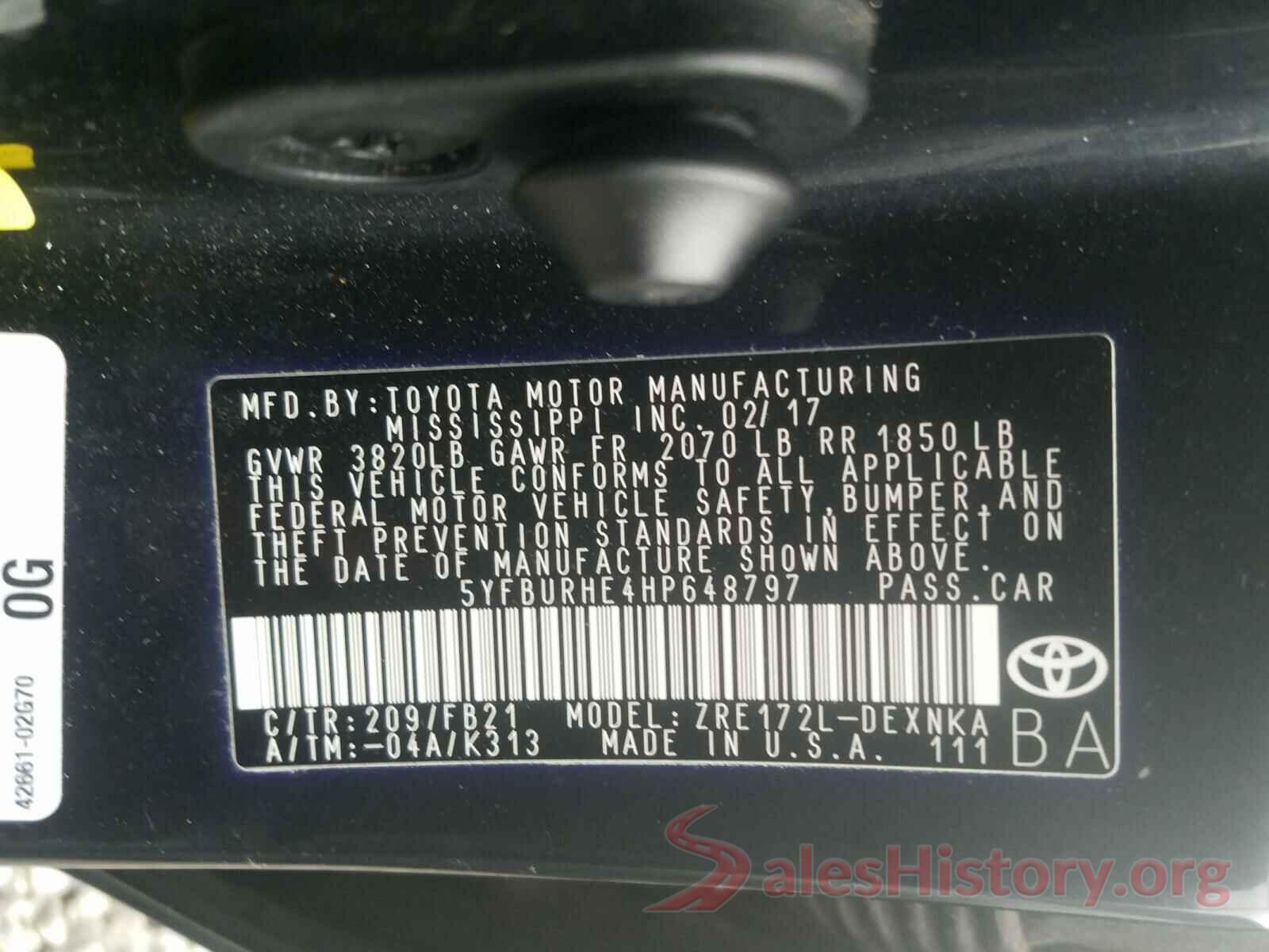 5YFBURHE4HP648797 2017 TOYOTA COROLLA