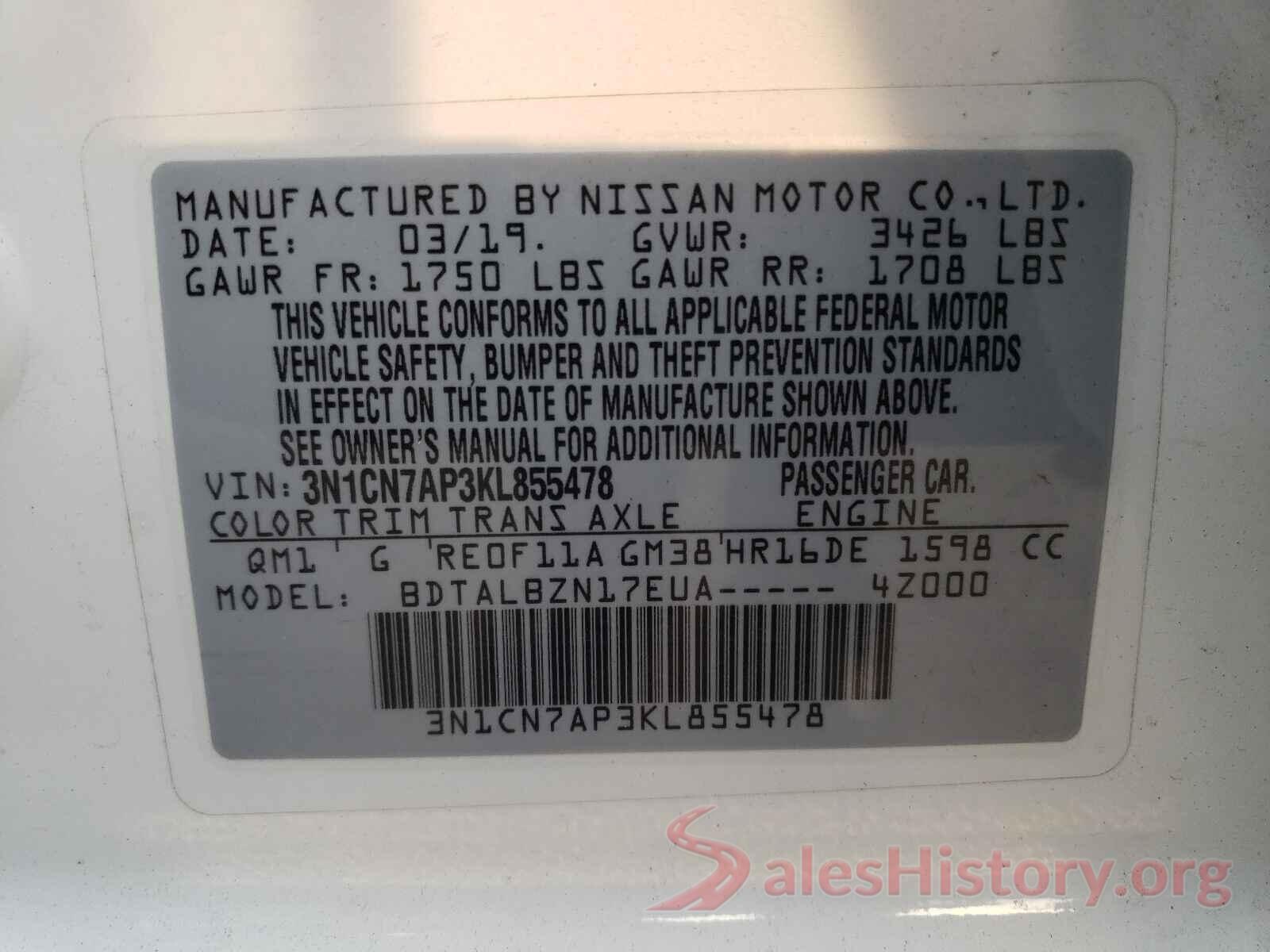 3N1CN7AP3KL855478 2019 NISSAN VERSA